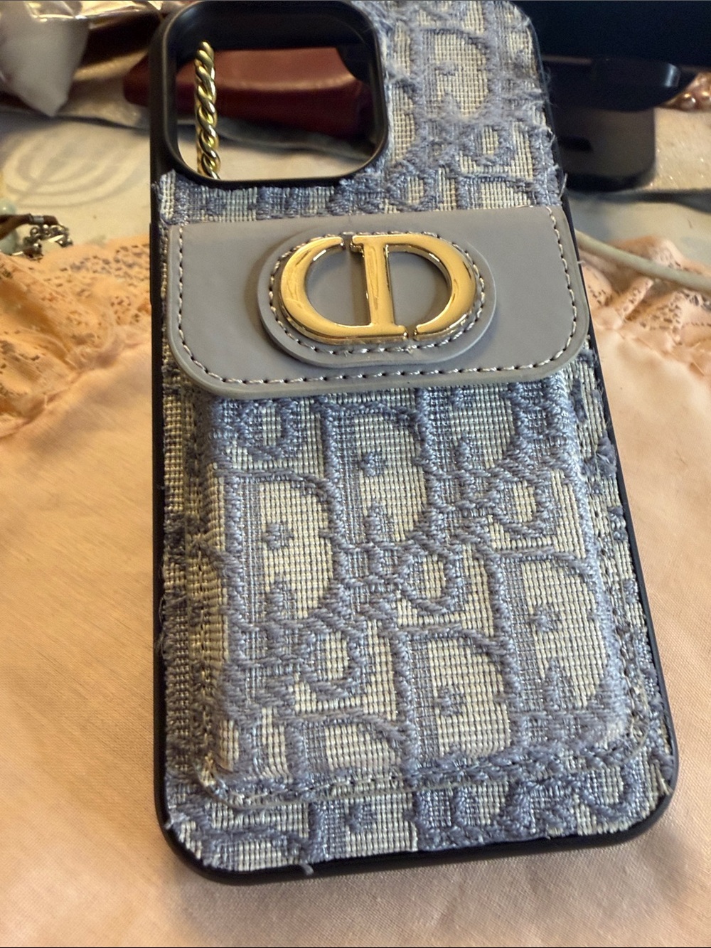 Fashion Brand Company Light Blue Denim-Style Phone Case with Gold Emblem